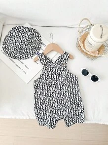 SHEIN Leap Crew Grenouillère de bébé garçon nouveau-né casual polyvalente de tous les jours avec imprimé lettres et chapeau, convient pour le printemps et l'été - Noir - Voir 1