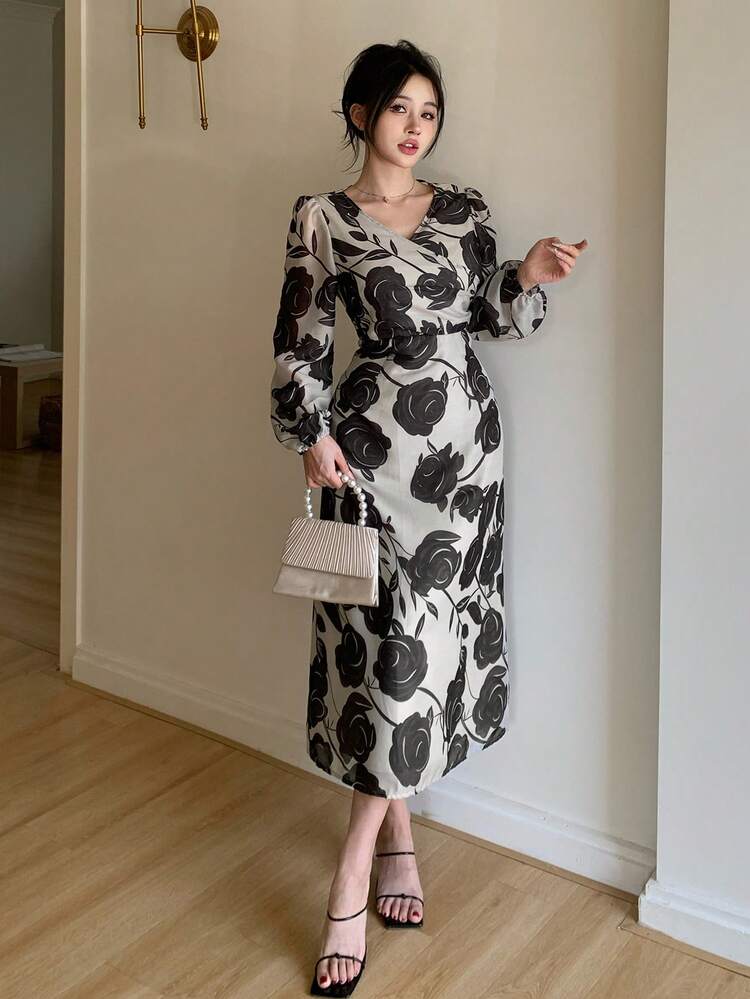 New Women's Long Floral Print Dress, Spring/Fall Long Sleeve Dress