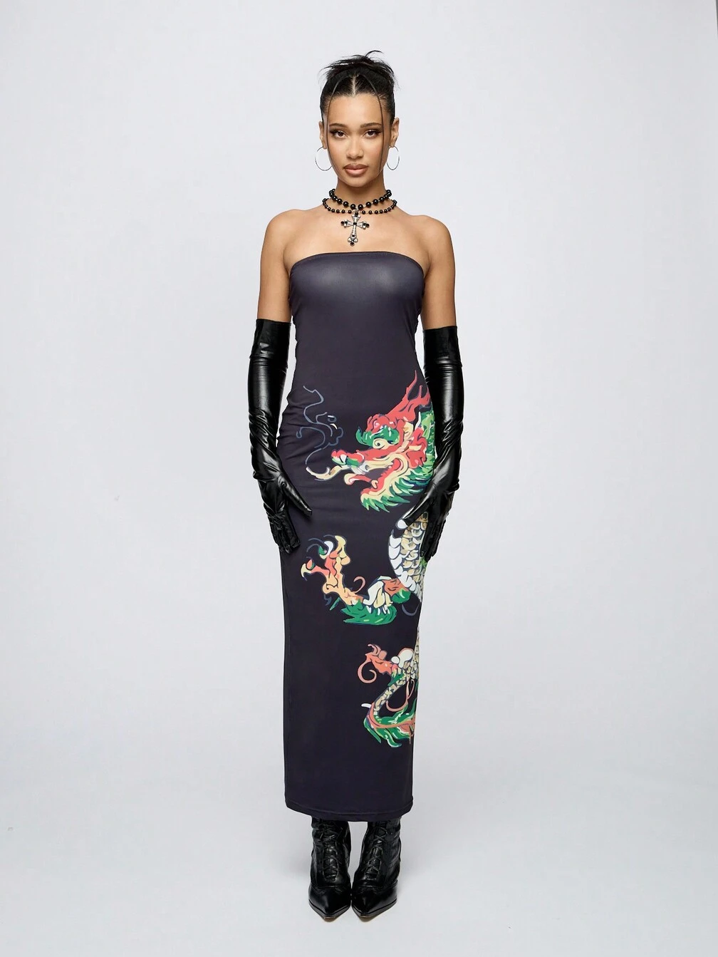 dragon maxi dress SUMWON WOMEN Bandeau Dragon Printed Maxi Dress｜MISSGUIDED