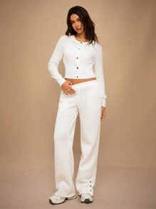 Forever 21 Pantalones de chándal casuales de mujer con cintura elástica y bolsillo, para uso diario - Blanco - Ver 3