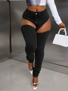 SHEIN Slayr Women's Solid Color Front Button Hollow Minimalist Slim Fit Casual Jeans - Black - View 1