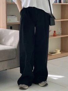 DAZY Pantalon noir ample femme, couleur unie, style casual chic, pour toute l'année - Noir - Voir 4