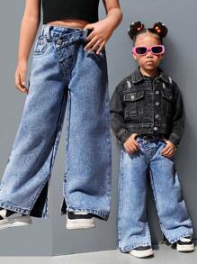 SHEIN Explorewe Girls Light Wash Casual Jeans, Simple Design With Side Split Hem, Wide Leg - Medium Wash - View 1