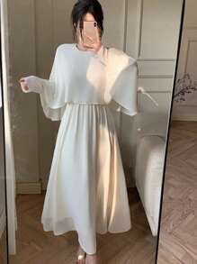 DAZY 女士雪纺中长款派对连衣裙，春秋季优雅长袖连衣裙 - 杏色 - 查看 5