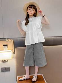 SHEIN 2pcs/Set Tween Girl' New Cap Sleeve Shirt And Plaid Pants Set, - Multicolor - View 4