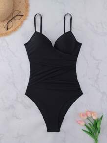 夏季女士优雅时尚网眼拼接可调节肩带聚拢露背连体泳衣 - 黑色 - 查看 7