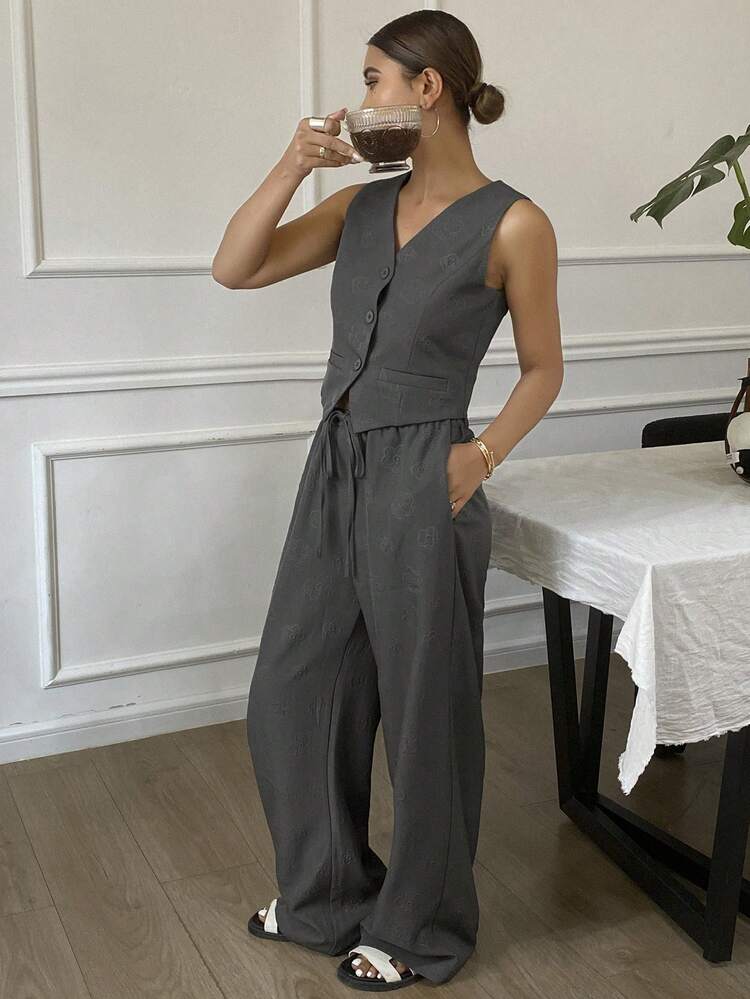 2pcs/Set Women Solid Fitting Short Vest & Elastic Waist Long Pants Elegant Vintage Suit, Spring & Summer