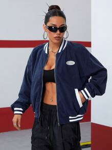 Chaqueta minimalista de mujer de unicolor con parches y cremallera frontal de manga larga - Azul Marino - Ver 4