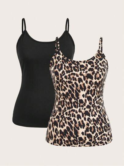 SHEIN EZwear 2pcs Plus Size Women's Black & Leopard Print Sleeveless Bodycon Casual Camisole Tanks, Suitable For Summer Back To School