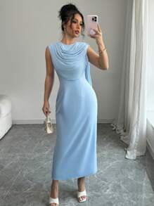 Elenzga Women Blue Sleeveless Drape Design Fitted Dress - Blue - View 6