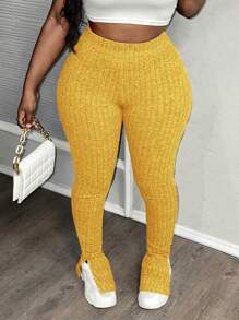 Slaydiva Casual Home Elastic Waist Ribbed Fleece Hem Slit-Side Flare Pants, Navy Blue - Yellow - View 5