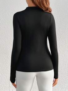 SHEIN Maternity Plain Collar Zip Half Placket Long Sleeve Fitted Active Wear Top - Black - View 2