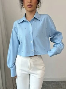 Elenzga Long Sleeve Shirt With Decorated Collar Design - Blue - View 5