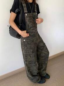 DAZY 女士宽松迷彩工装口袋牛仔背带连体裤 - 軍綠色 - 查看 3