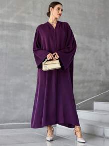 Al Najma 女士纯色喇叭袖连帽宽松阿拉伯长袍连衣裙，阿拉伯连衣裙 - 紫色 - 查看 5