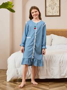 SHEIN Girls Embroidered Cherries Blue Waffle-Knit Long Sleeve Long Nightgown Sleepwear - Blue - View 7