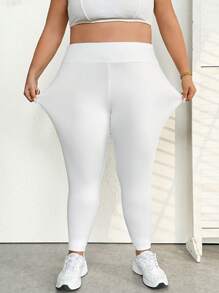 SHEIN CURVE+ Mallas de cintura alta elástica de un solo color en talla grande - Blanco - Ver 3