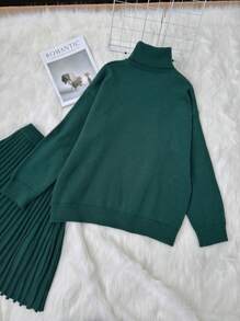 SHEIN LUNE 秋冬季大码休闲宽松针织毛衣套装 - 綠色 - 查看 2