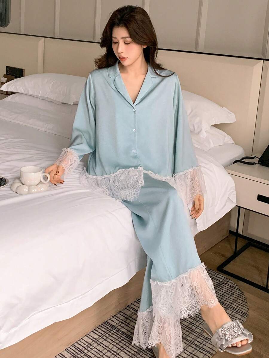 DAZY Women's Lace Patchwork Front Button Long Sleeve Casual Top And Mini Skirt Sleepwear Set Pajama - Baby Blue - View 1