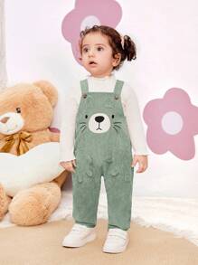 SHEIN Newborn Baby Girl Cute Versatile Autumn/Winter Corduroy Cartoon Print Bib & Overall - Green - View 7