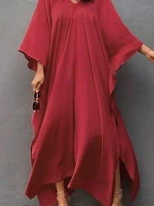 Vacation Style Loose V-Neck Flared Long Sleeved Hem Slit Dress - Red - View 3