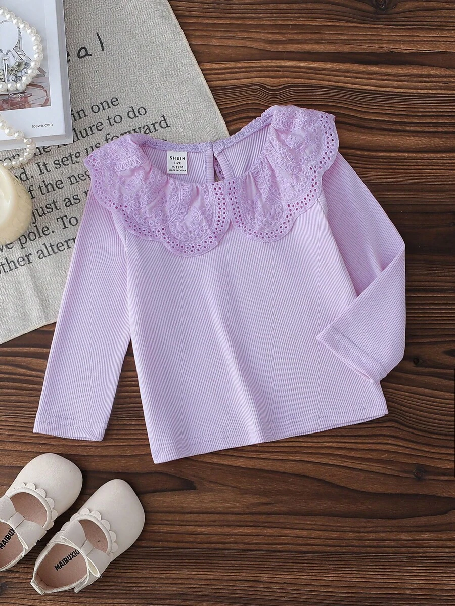 女婴纯色罗纹针织长袖 T 恤，带蕾丝花边领，舒适休闲优雅时尚，适合春秋冬季 - 淡紫色 - 查看 1