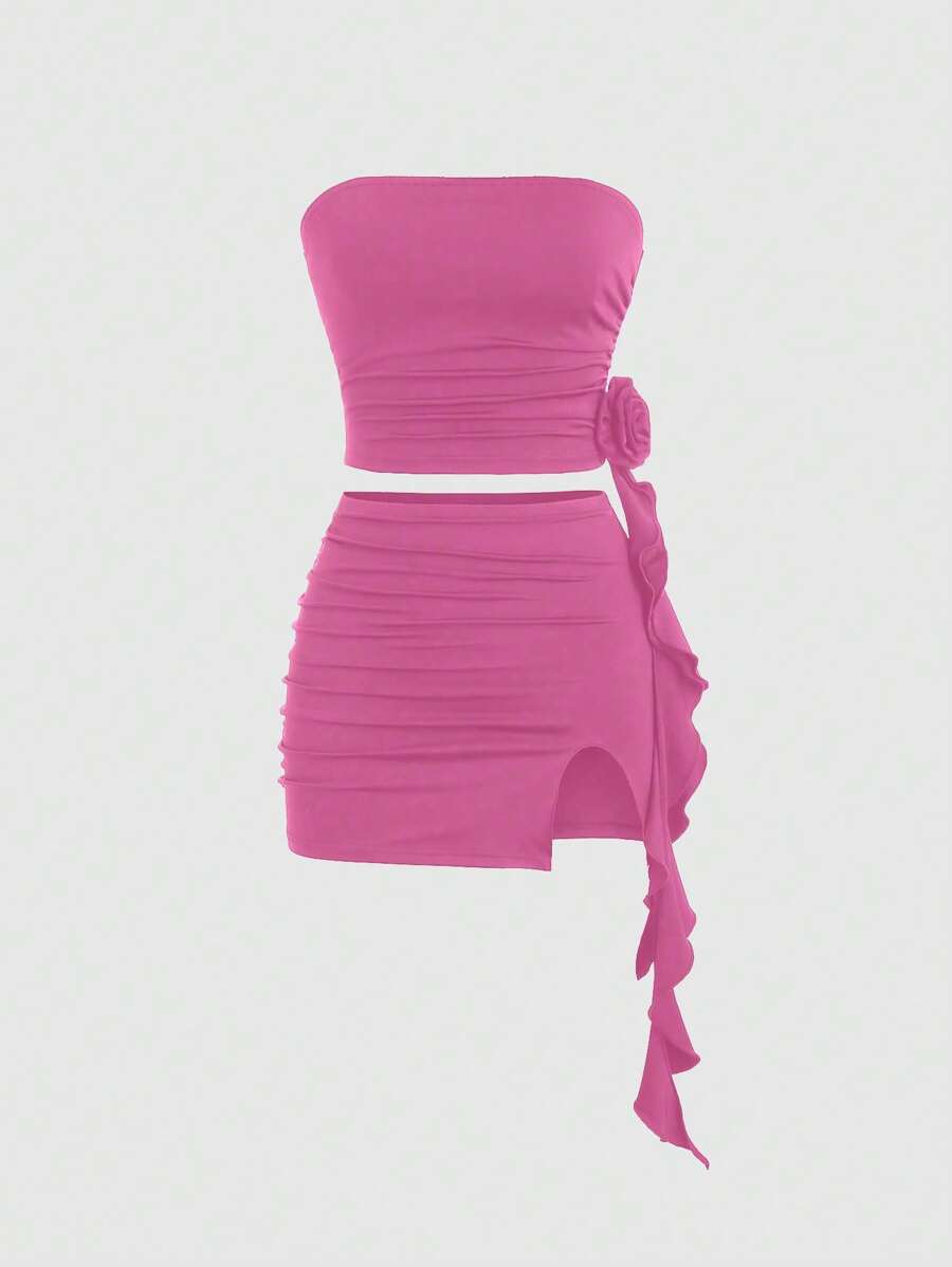 Sweetra 2 件套女士纯色荷叶边装饰抹胸和高开衩裙性感装 Y2K 装 - 玫紅色 - 查看 1