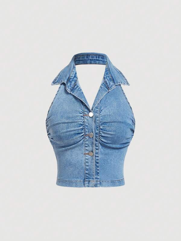 SHEIN PETITE Maiou de damă din denim, fără mâneci, plisat, cu un singur nasture, vară
