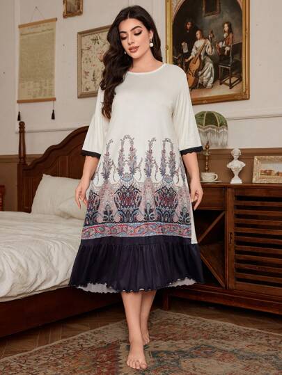 Trezura 大码复古花卉拼布荷叶边下摆睡袍