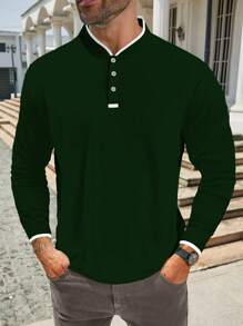 Manfinity Homme Plus Size Men's Casual Contrast Trim Polo Shirt For Autumn - Dark Green - View 3