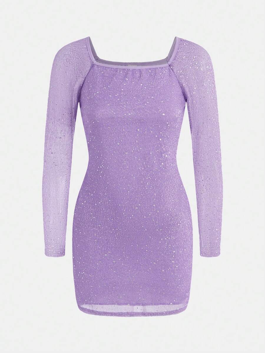 SHEIN 2024 青少年女孩秋冬派对亮片长袖紧身连衣裙，适合返校 - 紫色 - 查看 1