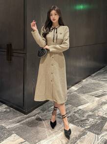 DAZY 秋季新款女士复古印花连衣裙，办公室休闲长袖连衣裙 - 杏色 - 查看 6