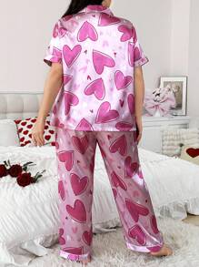 Conjunto de pijama de talla grande de manga corta y pantalón largo con estampado de corazón en tela de seda sintética