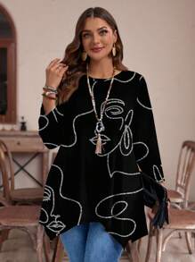 EMERY ROSE Camiseta de manga larga de corte holgado con estampado gráfico de línea facial minimalista casual, adecuada para tallas grandes en otoño/invierno - Multicolor - Ver 4