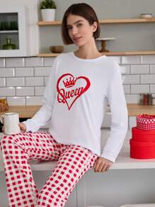 RueChic 2pcs Valentine's Day Couple Contrast Colour Queen Printed With Plaid Pattern Bottom Homewear Set - Red and White - View 3
