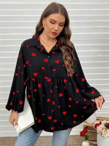 SHEIN LUNE Plus Size Women's Heart Doll Shirt Lantern Sleeve Wrinkle Concealing Slim Fit Shirt Heart Valentine Rose Curve Valentines Clothes Boho Cowgirl Old Money Festival Bohemian Western Wear Women Hippie Summer Boho Old Money/Valentine's Day