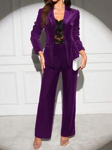 SHEIN Clasi 女士天鹅绒翻领长袖夹克和裤子优雅套装紫色衣服套装