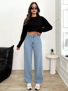 EURMUSE High Waist Wash Detailed Straight Jean - Light Wash - View 3