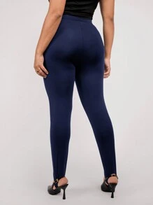 SHEIN Clasi Black Knit Elastic Plus Size Stirrup Leggings - Navy Blue - View 2