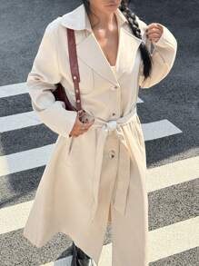 Flirla Women's Solid Color Notched Collar Single-Breasted Long Trench Coat, Autumn Fall Cloth For Women - Apricot - View 3