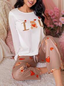 Set di pigiama da donna con motivo carino di orsetto e cuori - Multicolore - Visualizzare 3