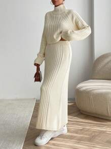 EURMUSE Knitwear Sweater Co-Ords With Maxi Skirt & Cable Pattern Pullover - Beige - View 2