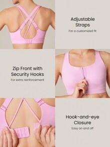 GLOWMODE High Support Squareneck Zip-Up Buckle Up Sports Bra Gym Workout Quick Dry Moisture Wicking - Bubblegum Pink - View 4
