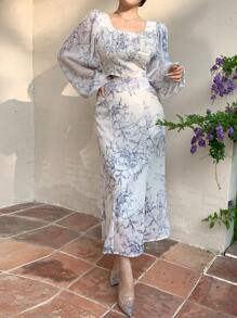 DAZY 两件套女士全印花方领灯笼袖短款衬衫和鱼尾裙套装，荷叶边，秋季女装复活节 - 藍色 - 查看 4