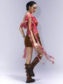 GENKIRA Women Elegant Asymmetric Ruffled Sheer Tulle Draping Design Top, Slim Fit - Multicolor - View 2