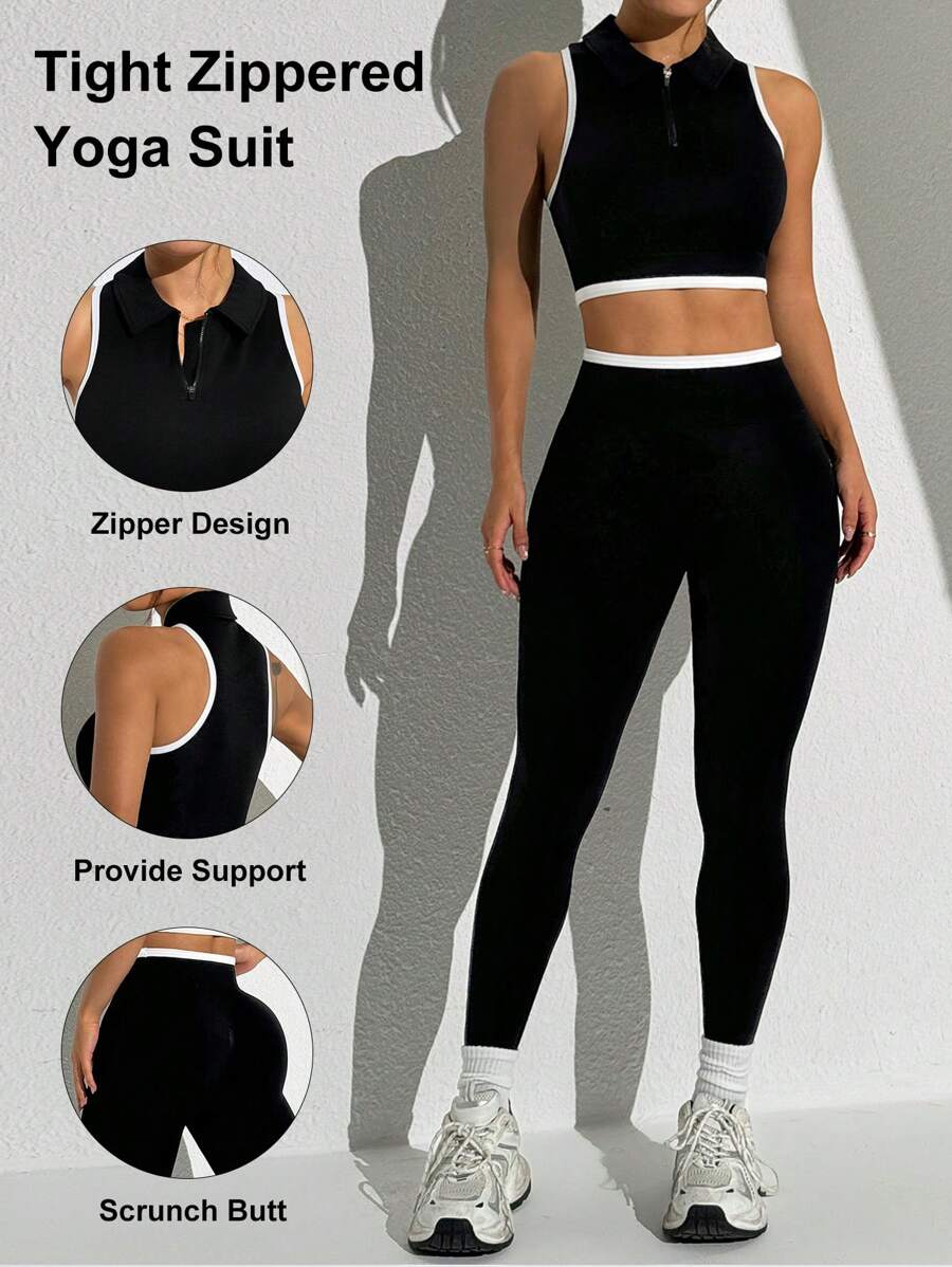 Seamluxe SHEIN Sport Conjunto deportivo para mujeres de top sin mangas con cierre delantero de unicolor y pantalones largos - Conjunto deportivo para mujeres - Conjunto de mallas para mujeres