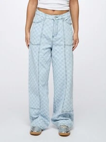 SUMWON WOMEN Check Wide Leg Carpenter Denim Jeans - Baby Blue - View 1