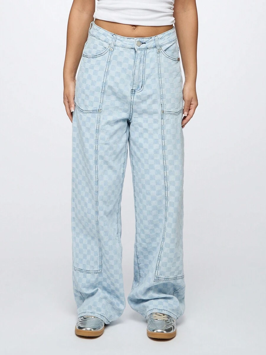 SUMWON WOMEN Check Wide Leg Carpenter Denim Jeans - Baby Blue - View 1