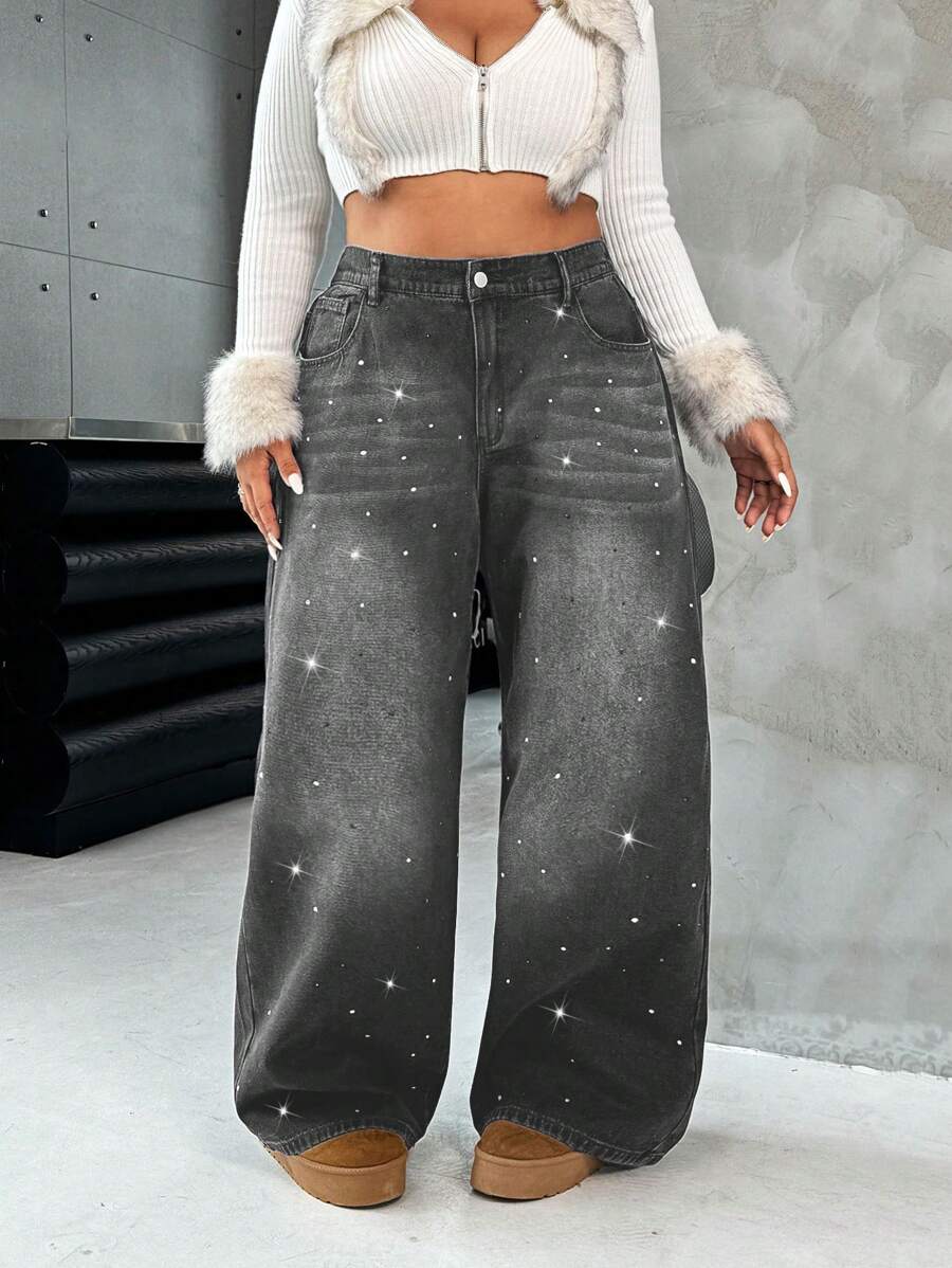 SHEIN ICON Black Plus Size Jeans Loose Straight Pants Diamond Jewelry Y2K Lined For Added Warmth Thermal Denim Jeans - Grey - View 1