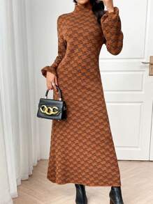 Modelyn Women's Stand Collar Long Sleeve All-Over Print Simple Long Sweater Dress - Brown - View 7